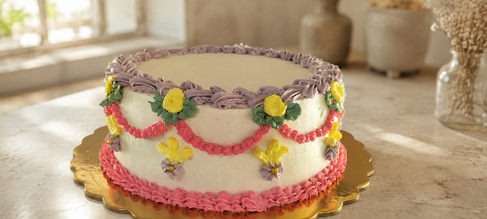 Bolo branco com grinaldas rosa e pequenas flores coloridas em creme